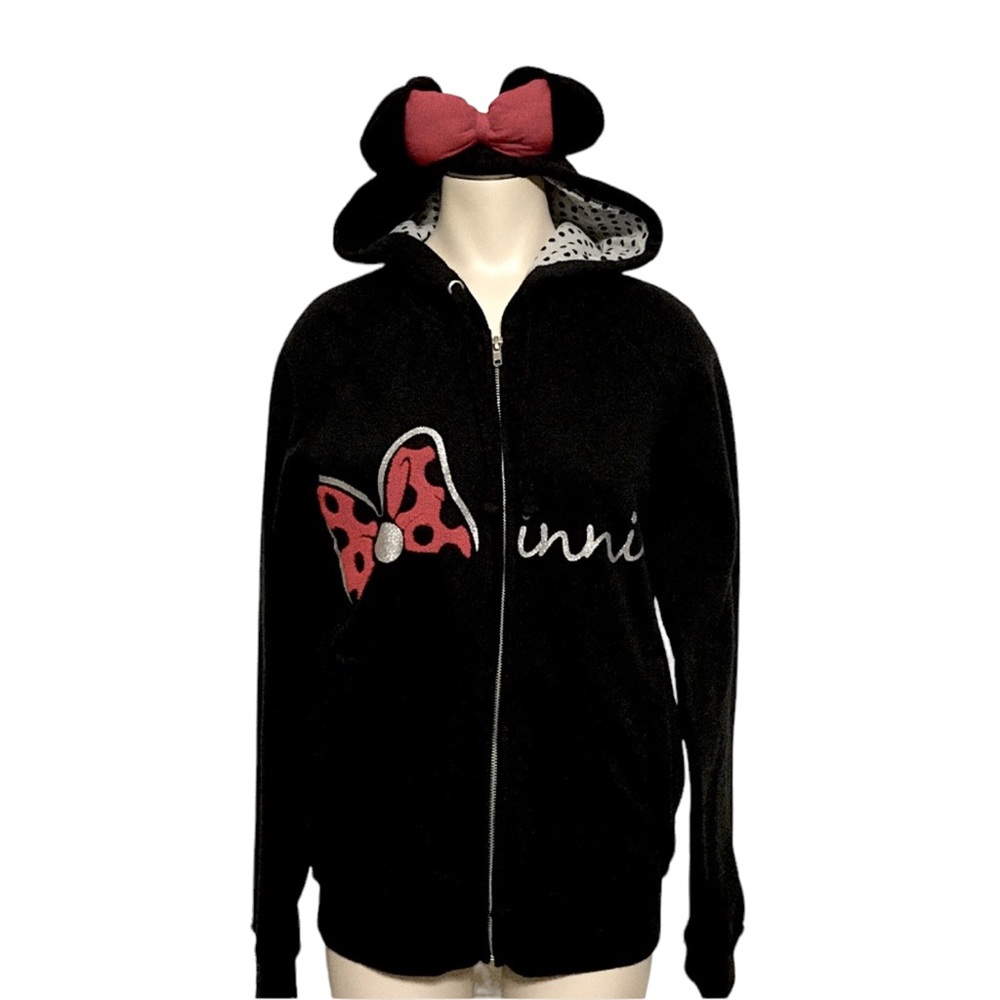 DISNEY STORE sz Medium Minnie Mouse Full Zip Hooded Sweatshirt Bows Black Red